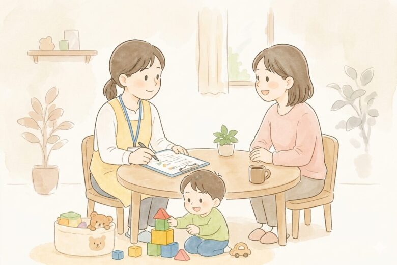 保護者の方とスタッフが一緒に話し合っている様子のイラスト
